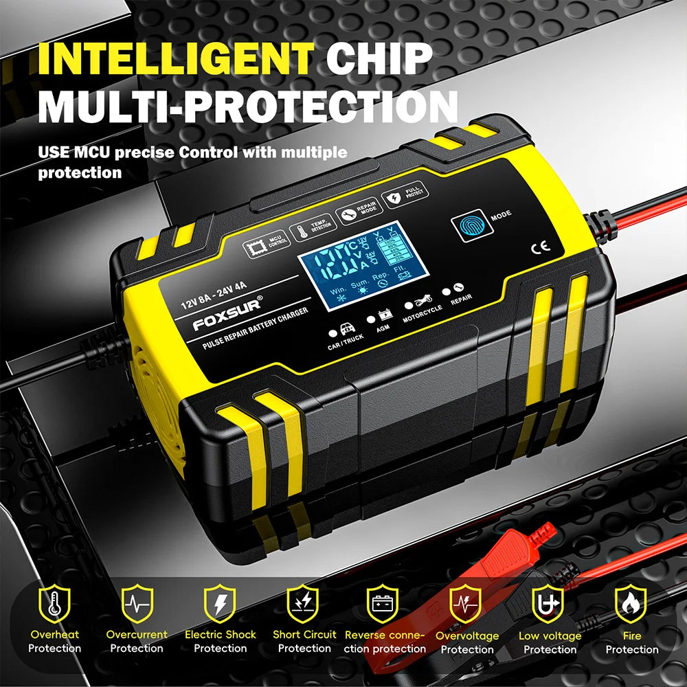 12V 8A/24V 4A Car Battery Charger Automatic Start Fast Charger Use For Car Motorcycle Truck AGM Deepcycle GEL Lead-Acid Battery