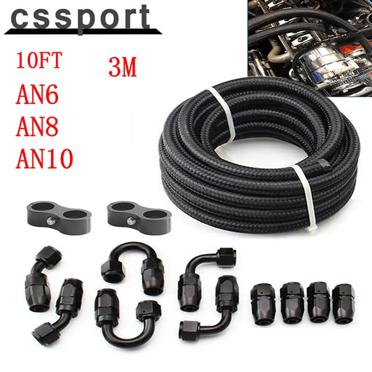 10FT AN6/AN8/AN10 Oil Fuel Fittings Hose End 0+45+90+180 Degree Oil Adaptor Kit Braided Oil Fuel Hose Line 3M Black With Clamps