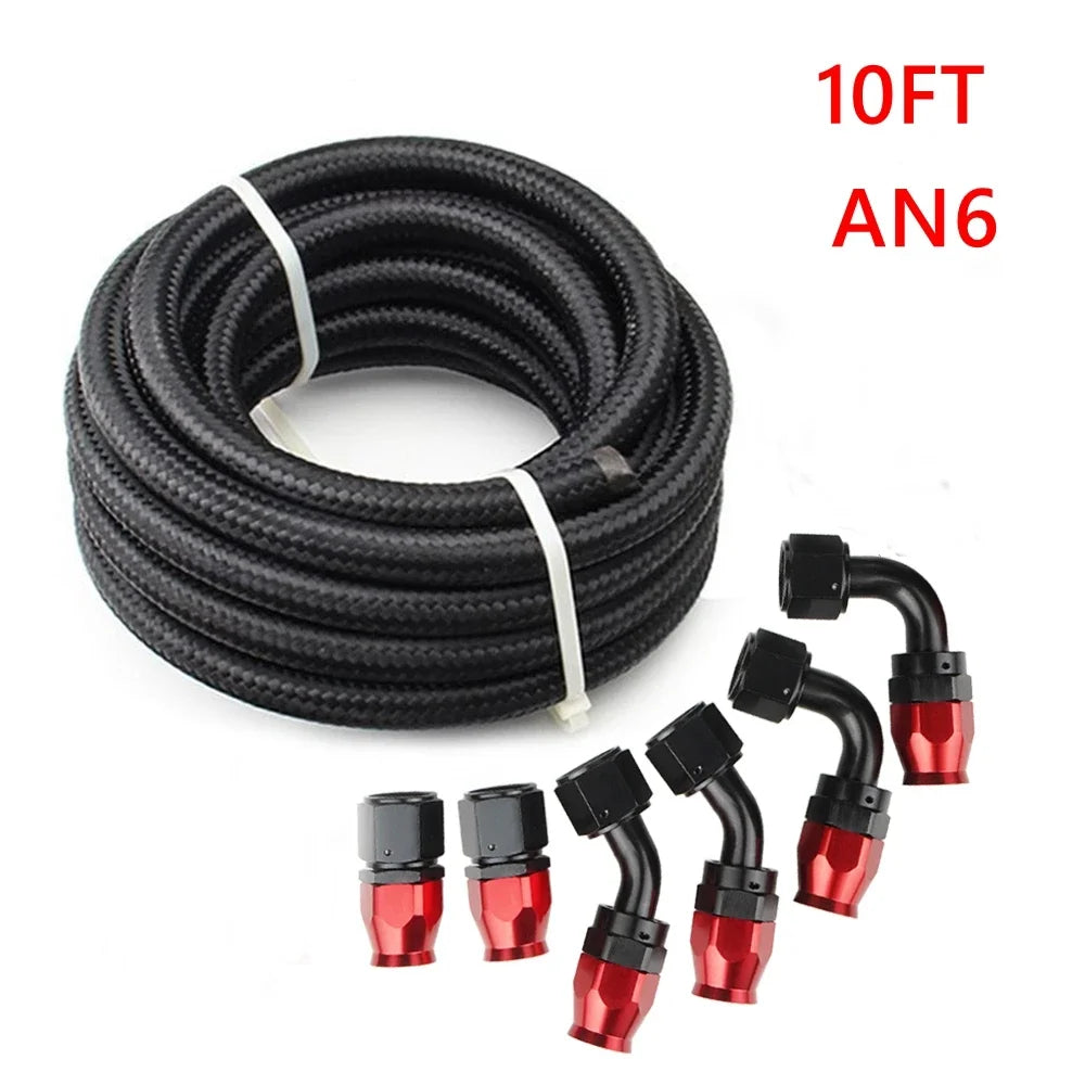 10FT AN6/AN8/AN10 Oil Fuel Fittings Hose End 0+45+90+180 Degree Oil Adaptor Kit Braided Oil Fuel Hose Line 3M Black With Clamps
