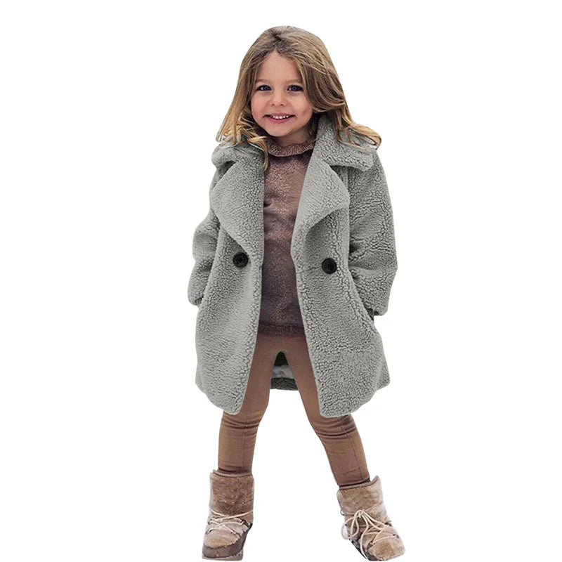 Girls Winter Warm Jackets Faux Fur Coats Kids Turndown Collar Outerwear Children Solid Colour Overcoat Casual Outer Clothing
