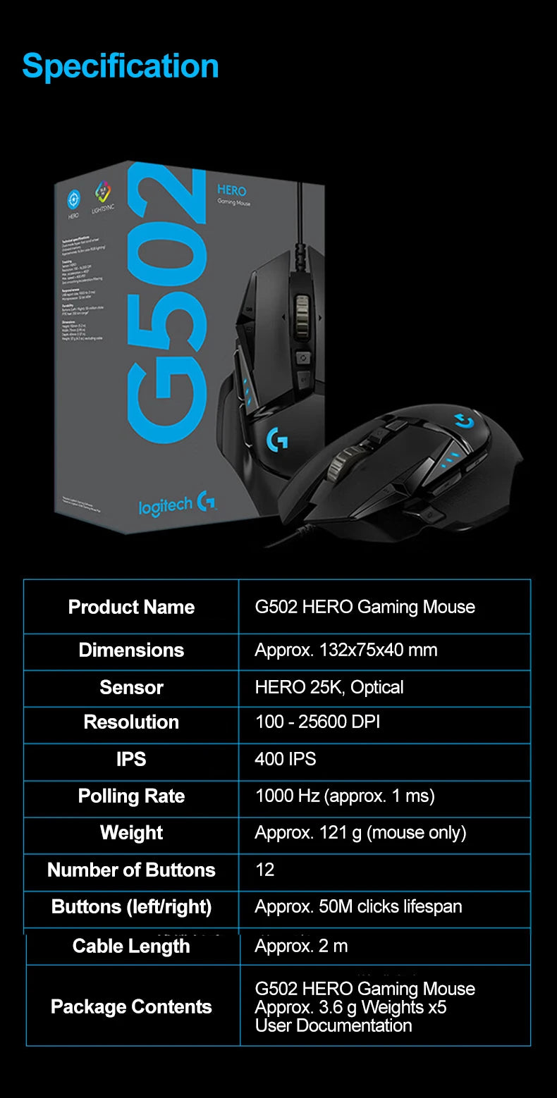 Logitech G502 HERO G502X PLUS Gaming Mouse RGB Ergonomic Adjustable Weight High Performance  E-Sports Gaming Mouse For PC Gamer
