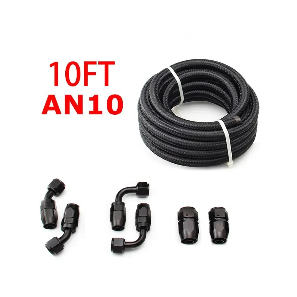 10FT AN6/AN8/AN10 Oil Fuel Fittings Hose End 0+45+90+180 Degree Oil Adaptor Kit Braided Oil Fuel Hose Line 3M Black With Clamps