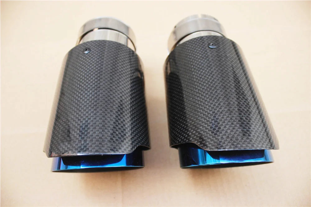QT Glossy Carbon Fibre Exhaust Tip Universal Straight Stainless Blue