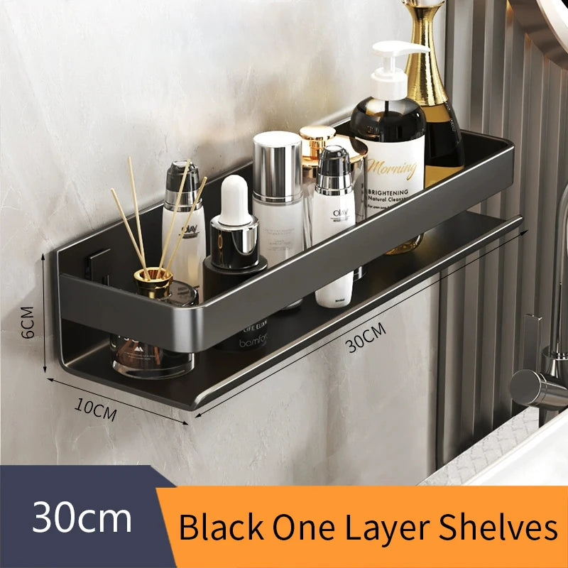 Black Bathroom Shelf White Rectangle Makeup Organizer Mental Corner Shelf Shampoo Storage Shelf Shower Wall Rack