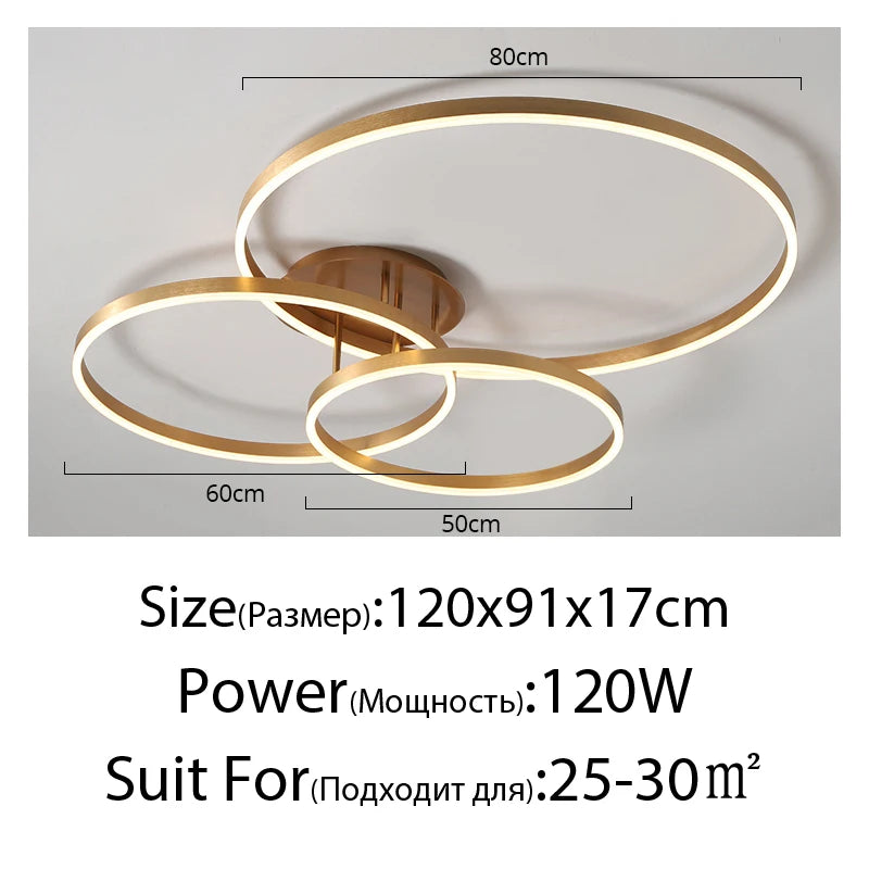 Household Gold Led Chandeliers 3 Circle Bedroom Metal Living Dining Room Lighting