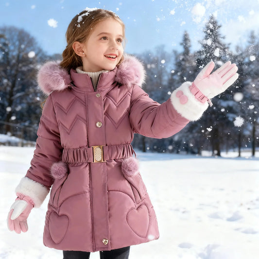 2025 Newyear Clothes Girls Winter Coat Kids Snow Puffer Jacket Hooded Warm With Waist Belt and Pockets