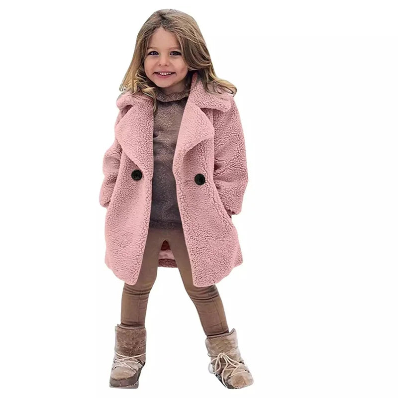 Girls Winter Warm Jackets Faux Fur Coats Kids Turndown Collar Outerwear Children Solid Colour Overcoat Casual Outer Clothing