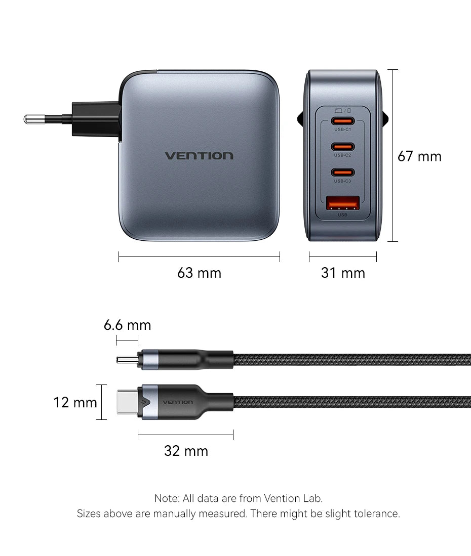 Vention 100W GaN Charger 4 Ports USB C Charger Quick Charge For Macbook Laptop Tablet PD Fast Charger For iPhone 16 15 14 Pro