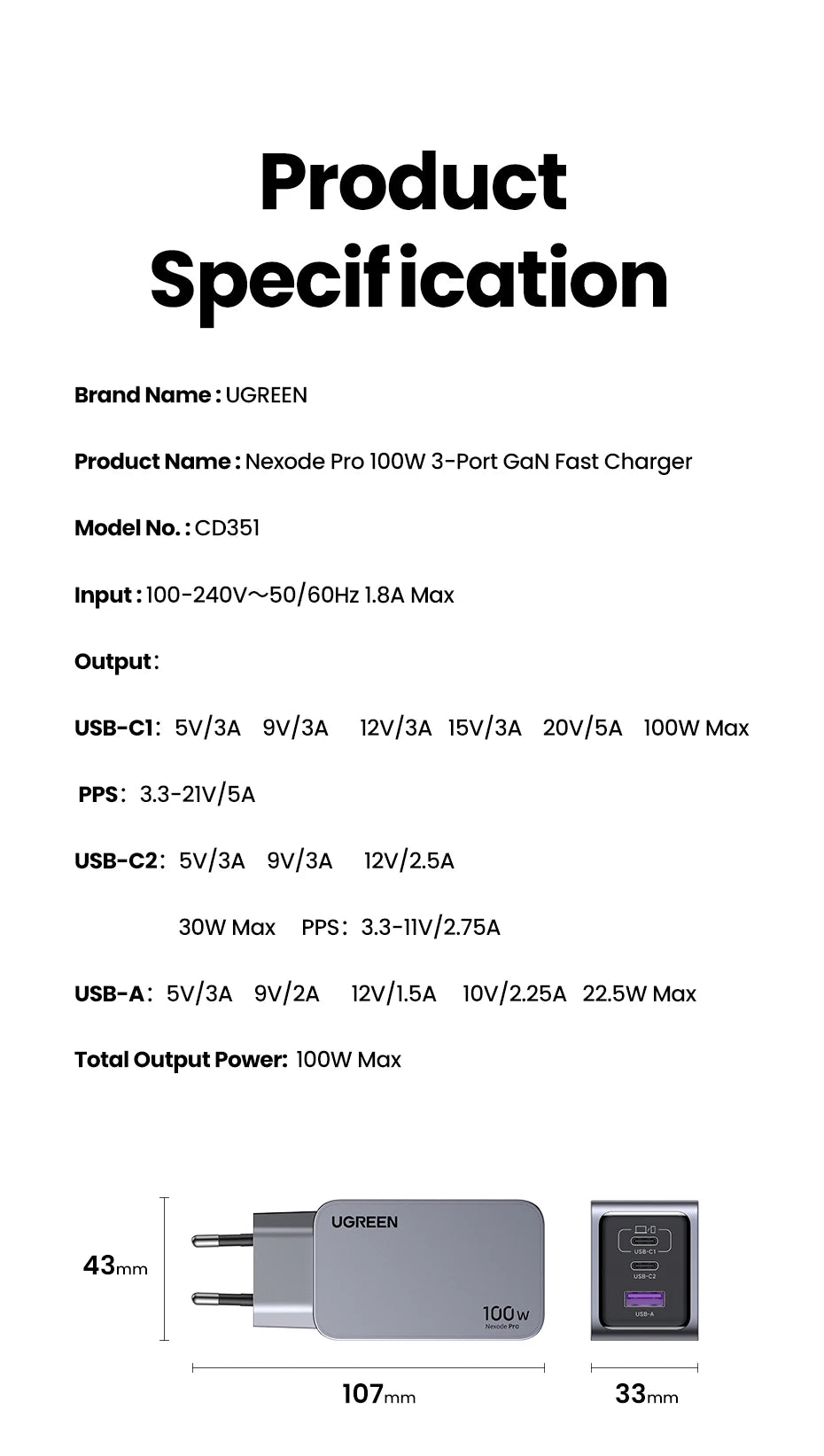UGREEN 100W GaN Charger USB C Charger QC4.0 3.0 Quick Charge