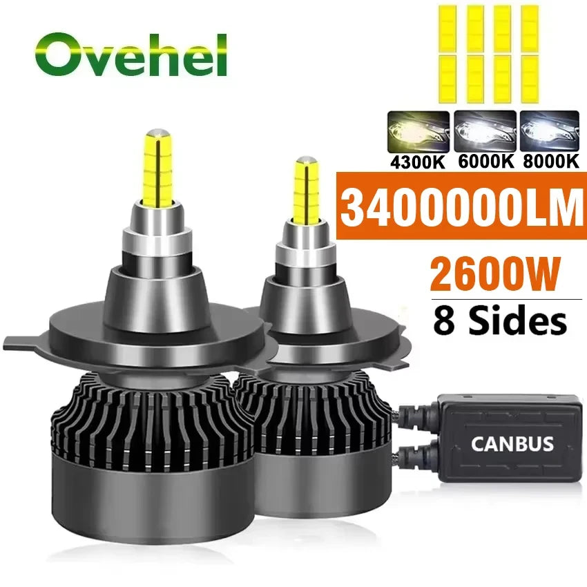 OVEHEL H4 H11 LED 360 3400000LM 2600W Canbus 9012 H7 H1 H3 H8 D1S D2S HB3 9005 HB4 9006 Led Car Headlight 6000K Fog Lamp 12V