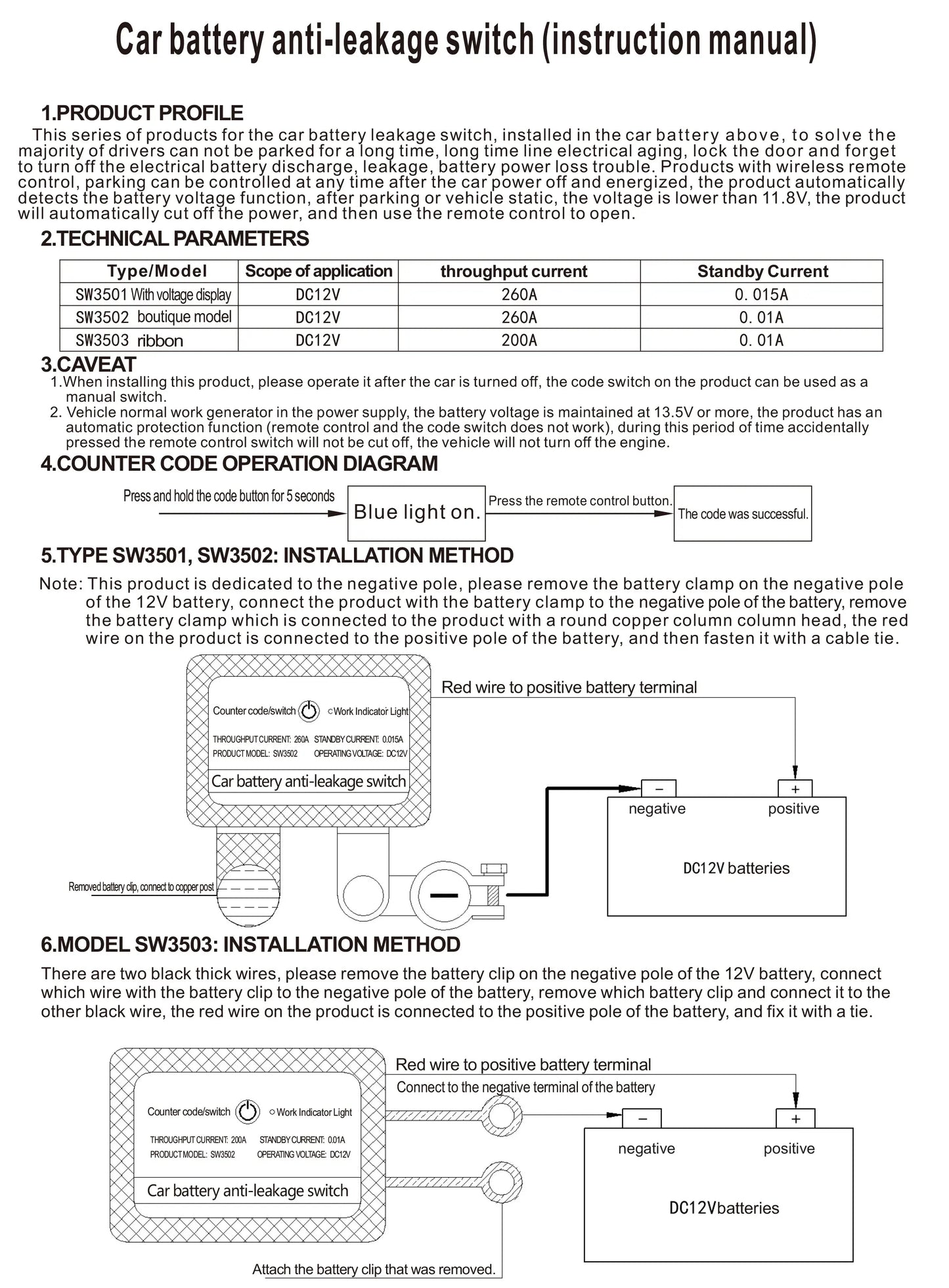 DC 12V Battery Disconnect Switch with LED Car Automatic Power Shut Off Switch 260A Battery Kill Switch Remote Battery Disconnect