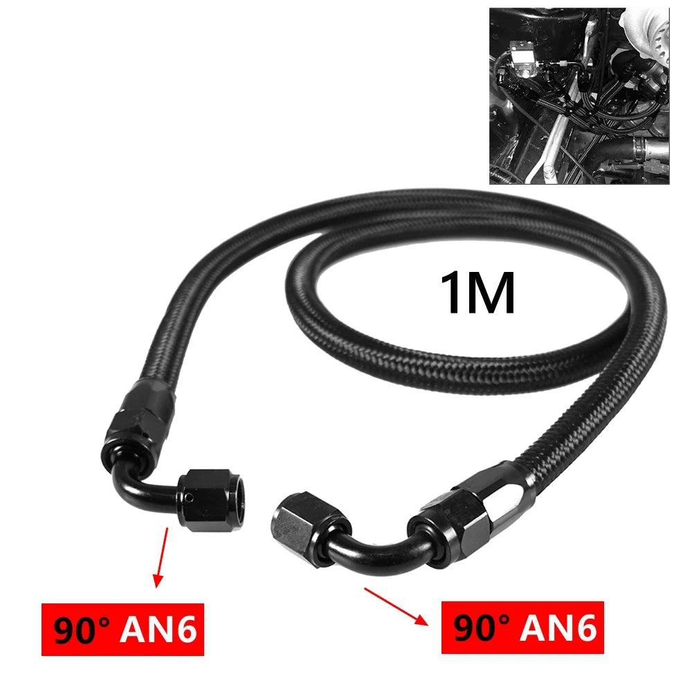 1M 6AN AN6 Black Braided Oil Fuel Fittings Hose End 90+90 Degree Oil Adaptor Kit Oil Fuel Hose Line