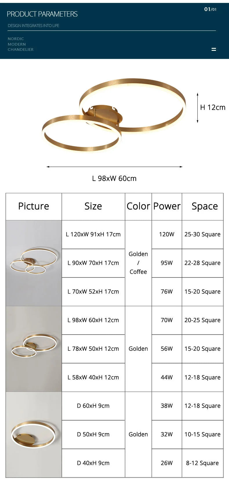 Household Gold Led Chandeliers 3 Circle Bedroom Metal Living Dining Room Lighting