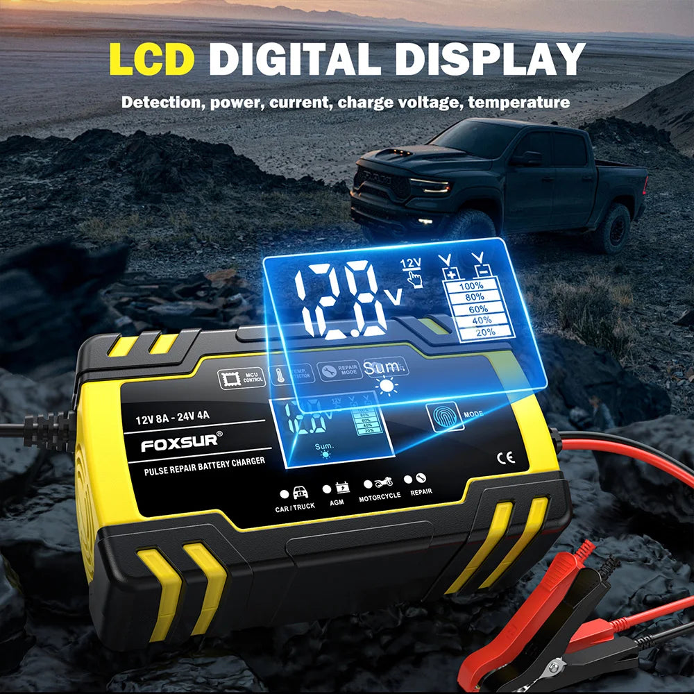 12V 8A/24V 4A Car Battery Charger Automatic Start Fast Charger Use For Car Motorcycle Truck AGM Deepcycle GEL Lead-Acid Battery