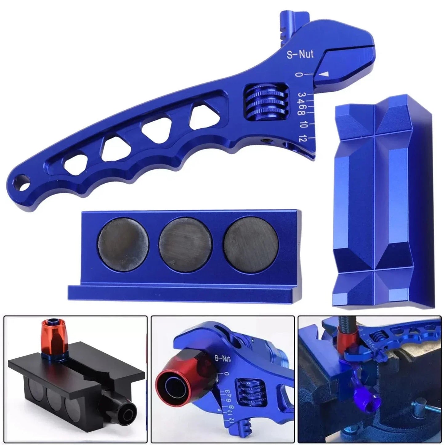 Billet Aluminum Adjustable Spanner Wrench + Vise Jaw Insert for Hose End Fitting Black Blue