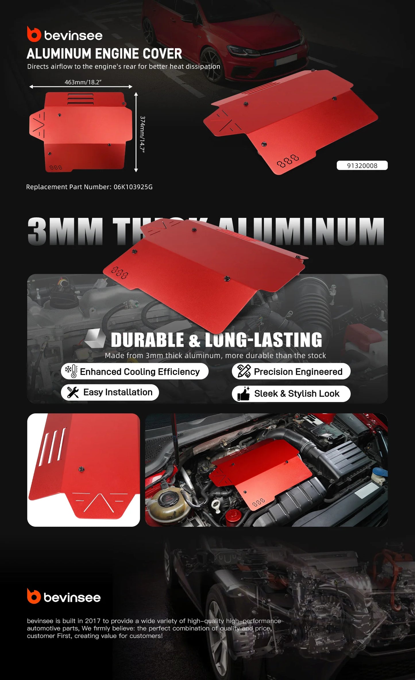 QT BEVINSEE Aluminum Engine Cover for VW Golf GTI/for Arteon/for Atlas/for Jetta GLI 2.0L,for Alltrack 1.8L, Replace for 06K103925G