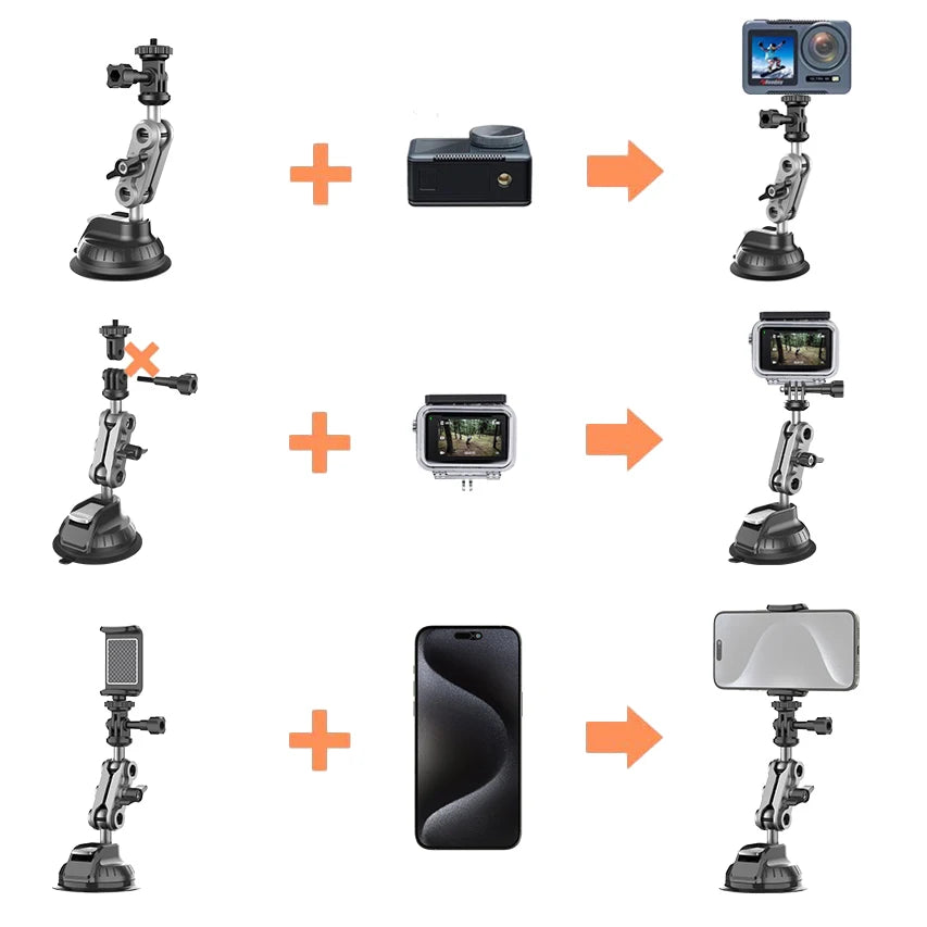 Dash Cam Suction Cup Mount Camera Holder Stand with Phone Bracket for GPS Driving DVR Action Camcorder Video Record POV/VLOG