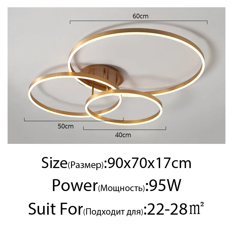 Household Gold Led Chandeliers 3 Circle Bedroom Metal Living Dining Room Lighting