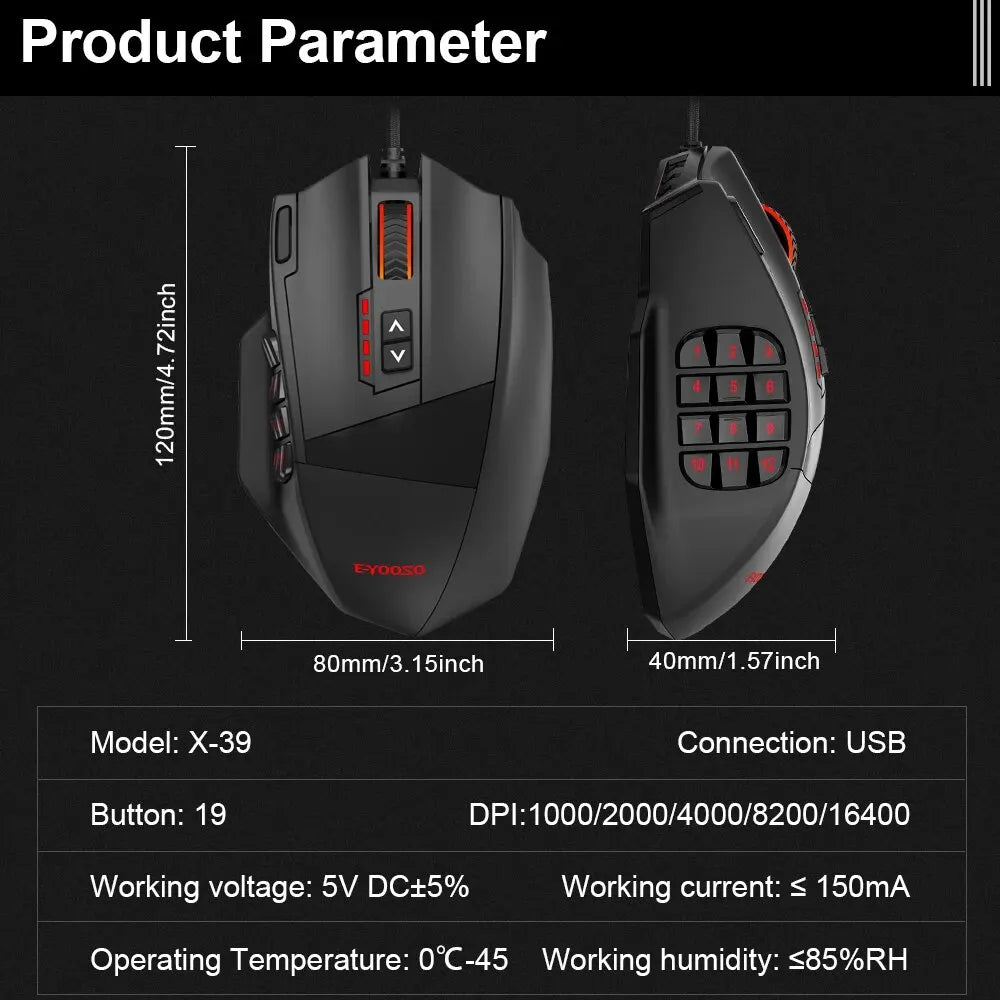 Mouse E-YOOSO X-39 USB Wired RGB Gaming Mouse 16400 DPI PAW3327 19 Buttons Programmable Game Optical Mice for Computer PC Laptop