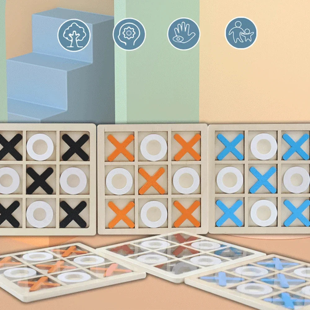 Wooden XO Tic Tac Toe Game Mini Chess Board Interaction Puzzle Training Montessori Educational Toys Gift for Kids Boy Girl