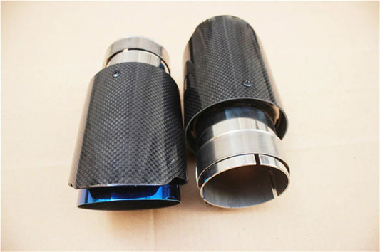 QT Glossy Carbon Fibre Exhaust Tip Universal Straight Stainless Blue