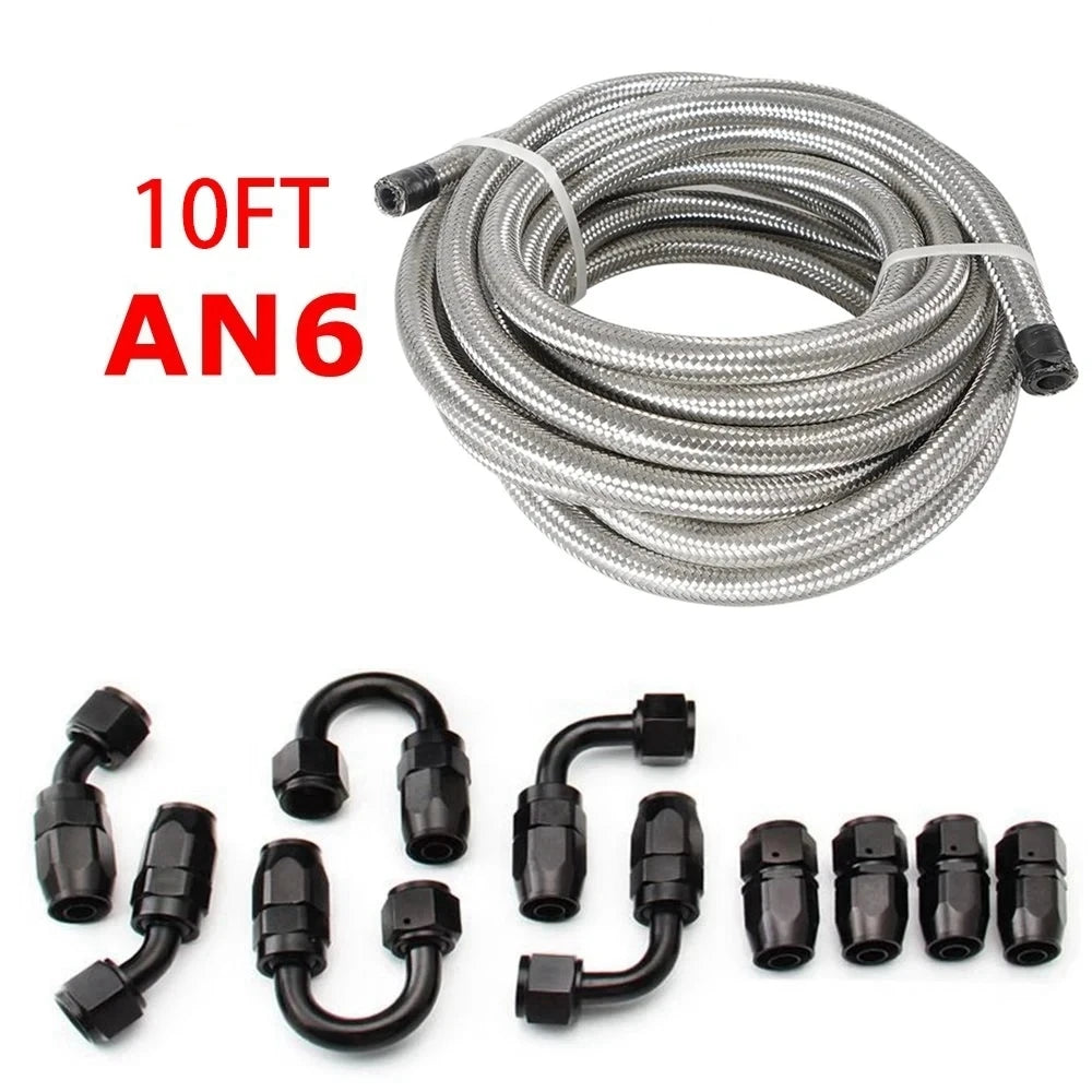 10FT AN6/AN8/AN10 Oil Fuel Fittings Hose End 0+45+90+180 Degree Oil Adaptor Kit Braided Oil Fuel Hose Line 3M Black With Clamps