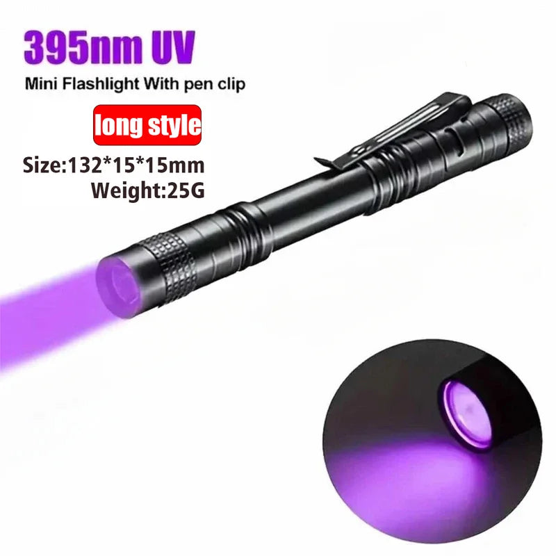 UV Flashlight 395nm Ultraviolet Torch With Pen Clip Portable AAA Batteries