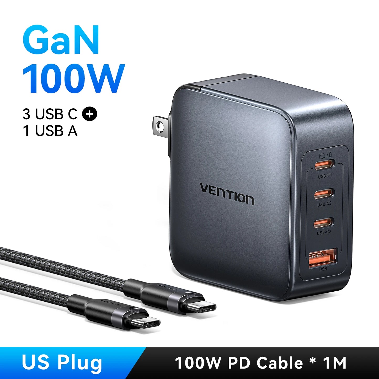 Vention 100W GaN Charger 4 Ports USB C Charger Quick Charge For Macbook Laptop Tablet PD Fast Charger For iPhone 16 15 14 Pro
