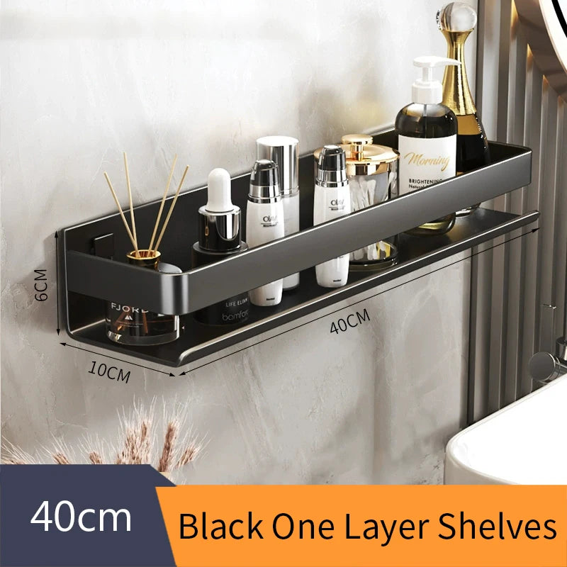 Black Bathroom Shelf White Rectangle Makeup Organizer Mental Corner Shelf Shampoo Storage Shelf Shower Wall Rack
