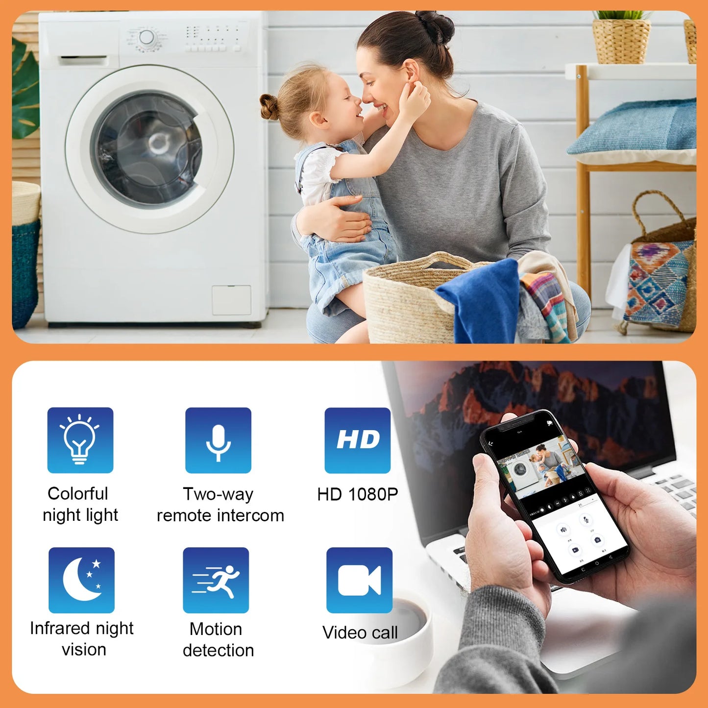 Mini Wireless Security Camera 4K HD WiFi Security Nanny with RGB Night Light 130° Wide Vision Motion Detection Real Time Rec Baby Monitor