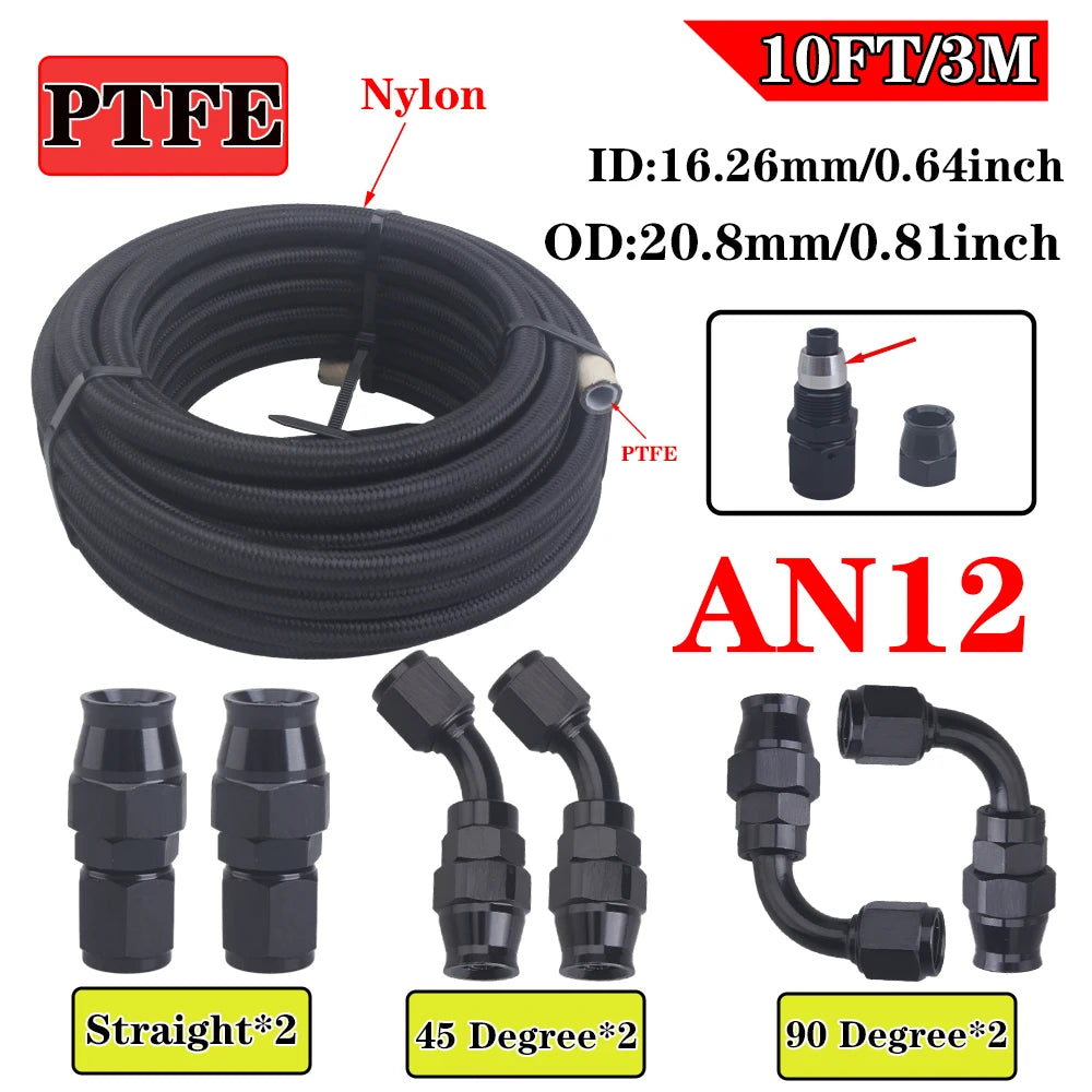 AN4 AN6 AN8 AN10 3m/10ft E85 Tube Nylon Stainless Steel Braided PTFE Black Fuel Line Fitting Kit with 6 pcs Swivel Hose Ends