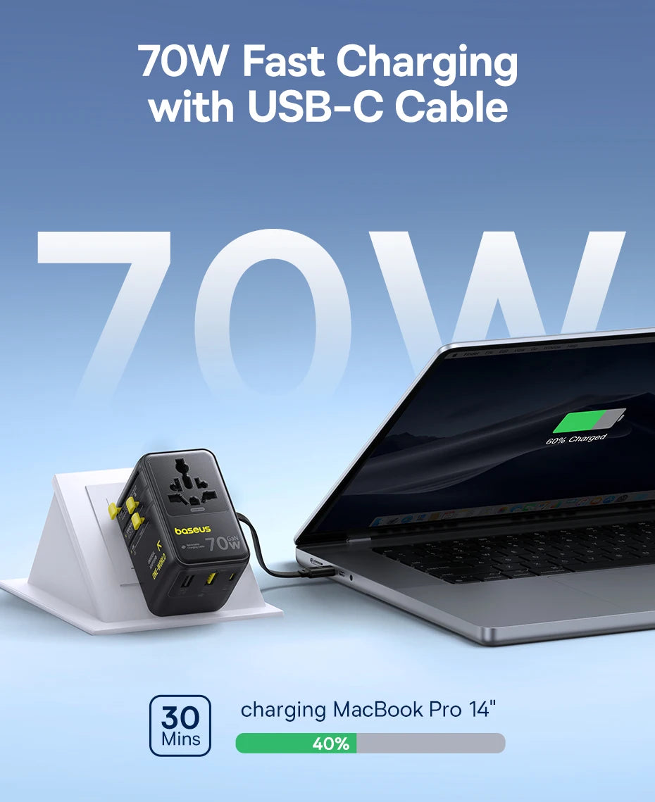 Baseus GaN Charger Universal Travel Adapter Built in 70W Retractable Cable 2AC 2 USB-A Type-C Fast Charging EU/UK/USA/AUS