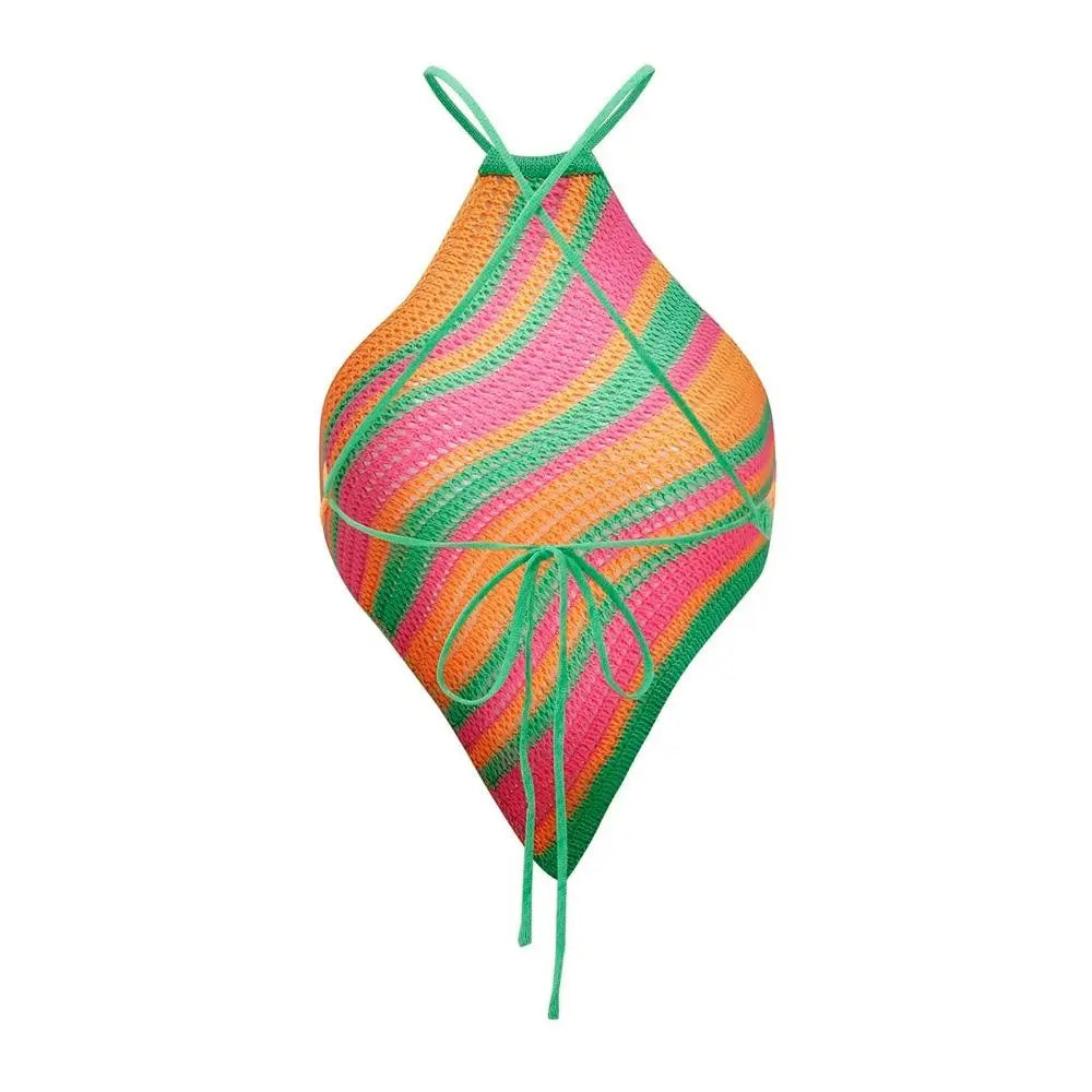 Backless Tank Top Summer Sleeveless Striped Vest Top Asymmetrical Color Lump Halter Crop Top Women