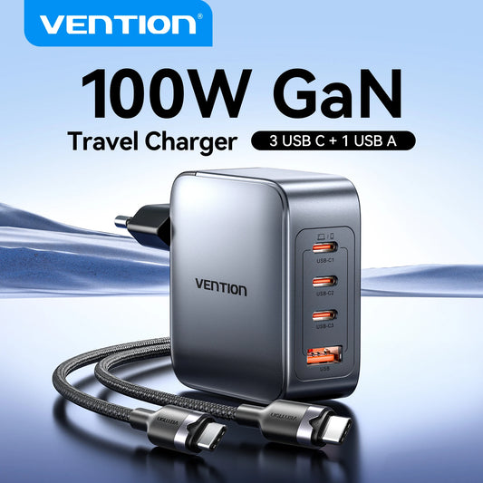 Vention 100W GaN Charger 4 Ports USB C Charger Quick Charge For Macbook Laptop Tablet PD Fast Charger For iPhone 16 15 14 Pro