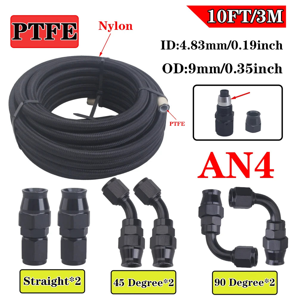 AN4 AN6 AN8 AN10 3m/10ft E85 Tube Nylon Stainless Steel Braided PTFE Black Fuel Line Fitting Kit with 6 pcs Swivel Hose Ends