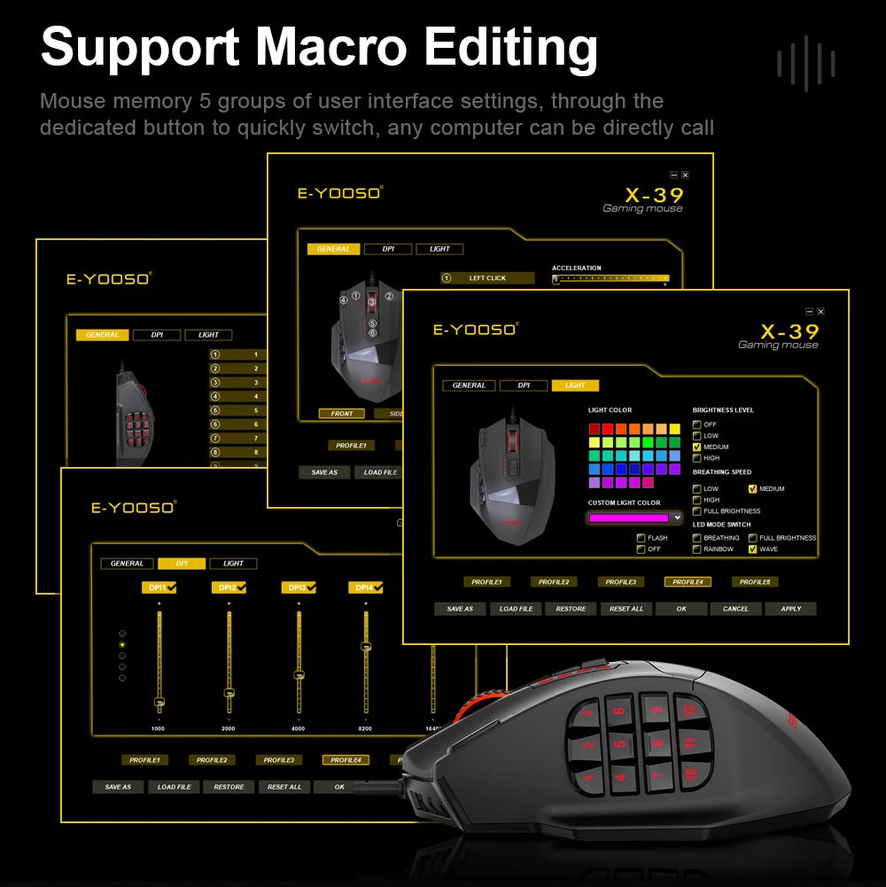 Mouse E-YOOSO X-39 USB Wired RGB Gaming Mouse 16400 DPI PAW3327 19 Buttons Programmable Game Optical Mice for Computer PC Laptop