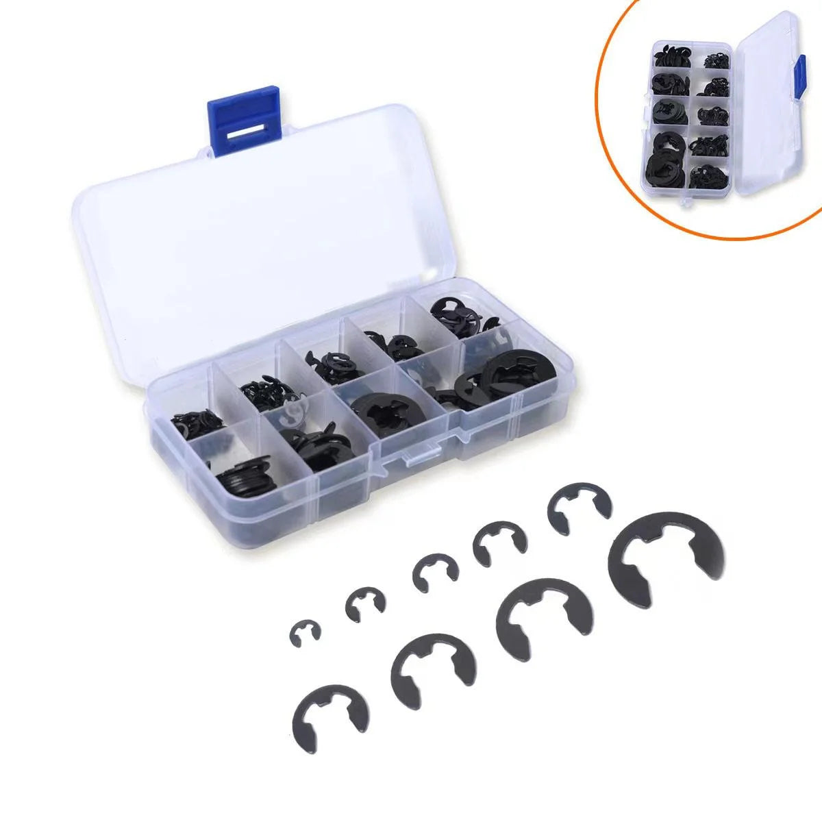 120PCS Black Stainless Steel Retaining Circlip Set Snap Ring E-Clip Washer Assortment for Shaft Fastener M1.5-M10