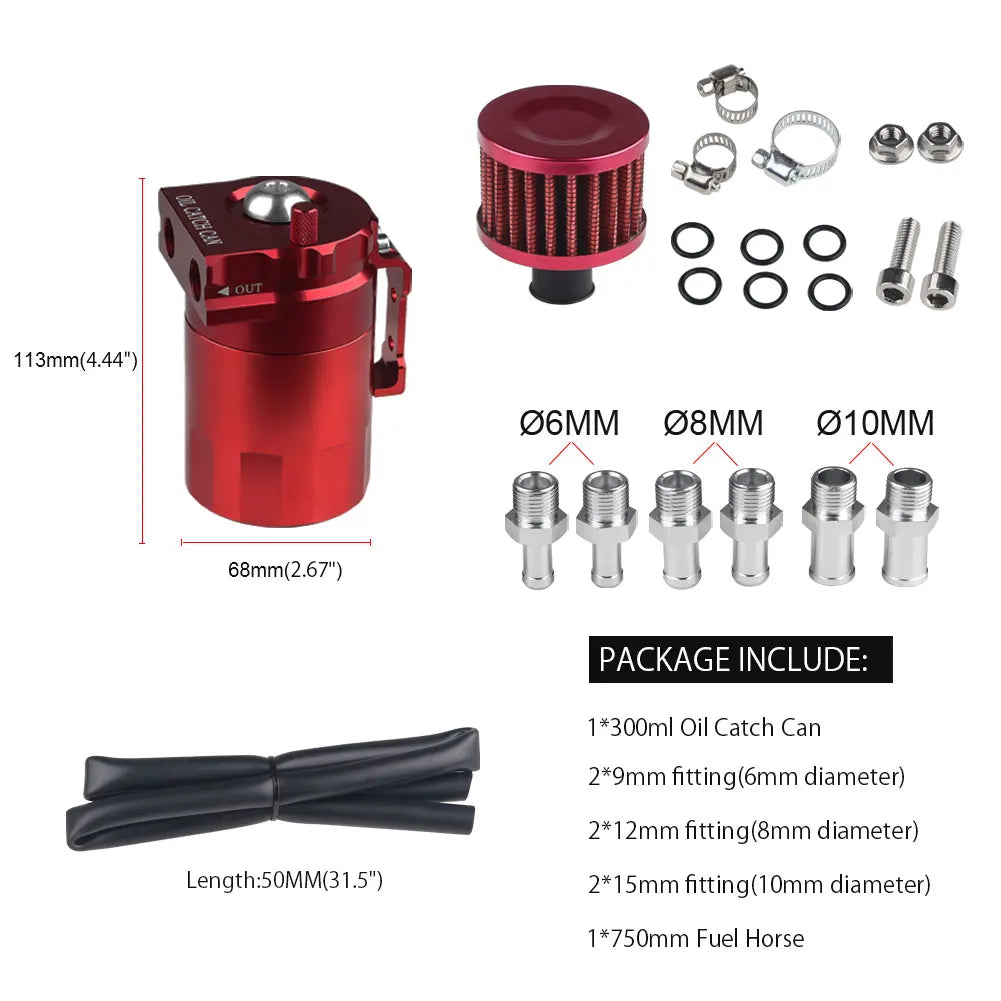 Car Baffled Oil Catch Can Tank Kit with Breather 300ml Aluminum Polish Engine Air Oil Separator Tank Reservoir Kit Universal