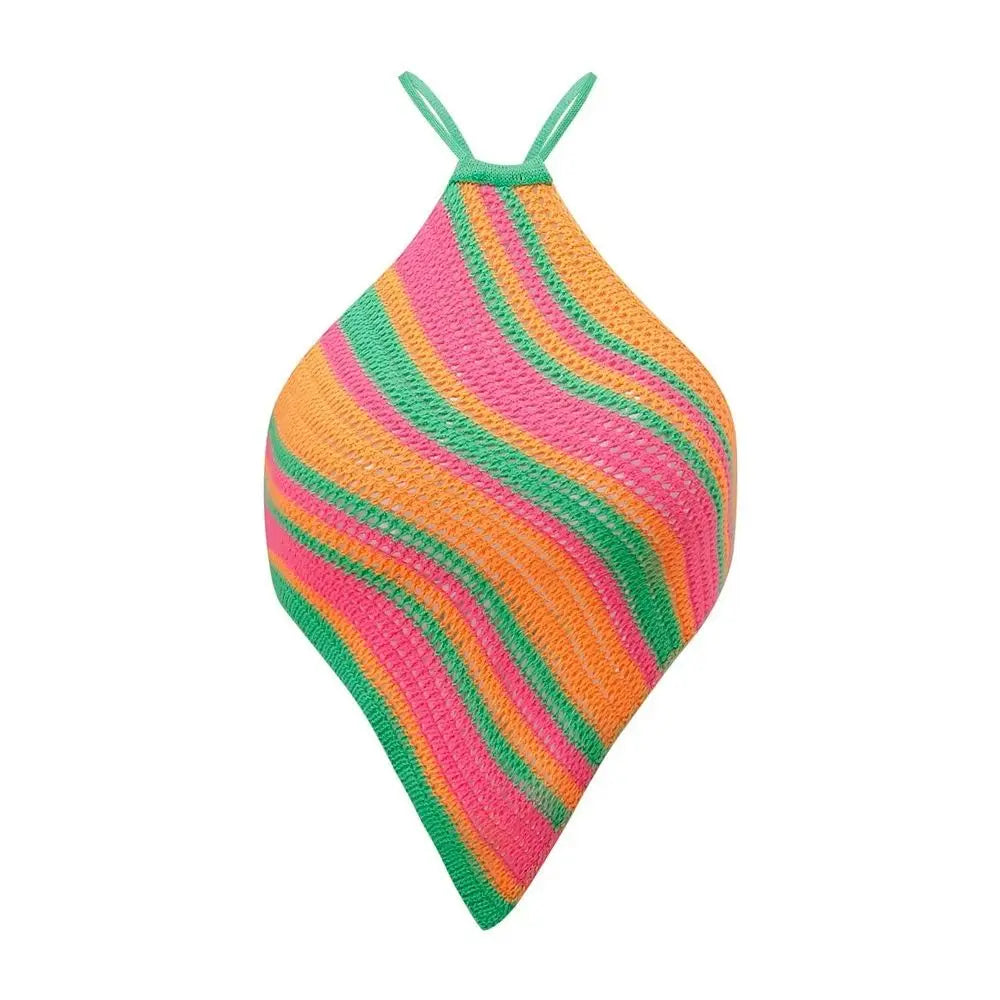 Backless Tank Top Summer Sleeveless Striped Vest Top Asymmetrical Color Lump Halter Crop Top Women