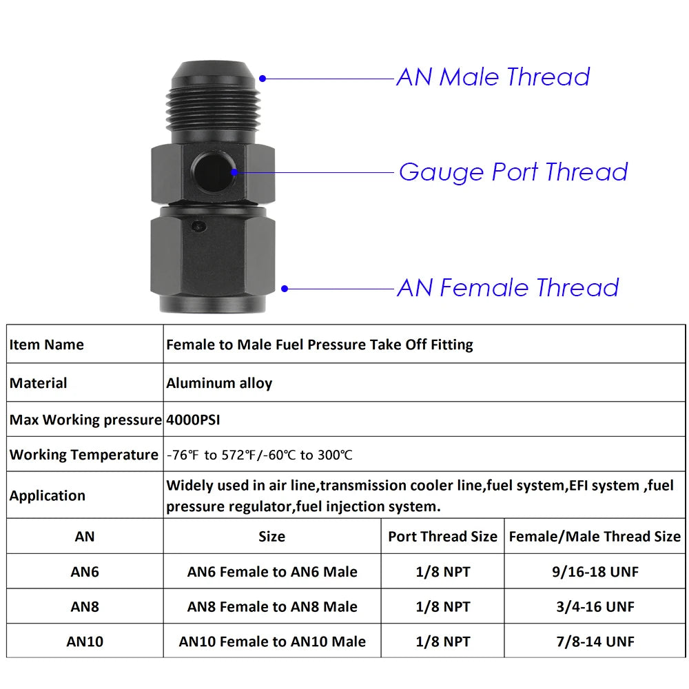 Universal Female To Male Flare Fuel Pressure Take Off Hose Pipe Adapter Fittings AN6/AN8/AN10 with 1/8 NPT Port