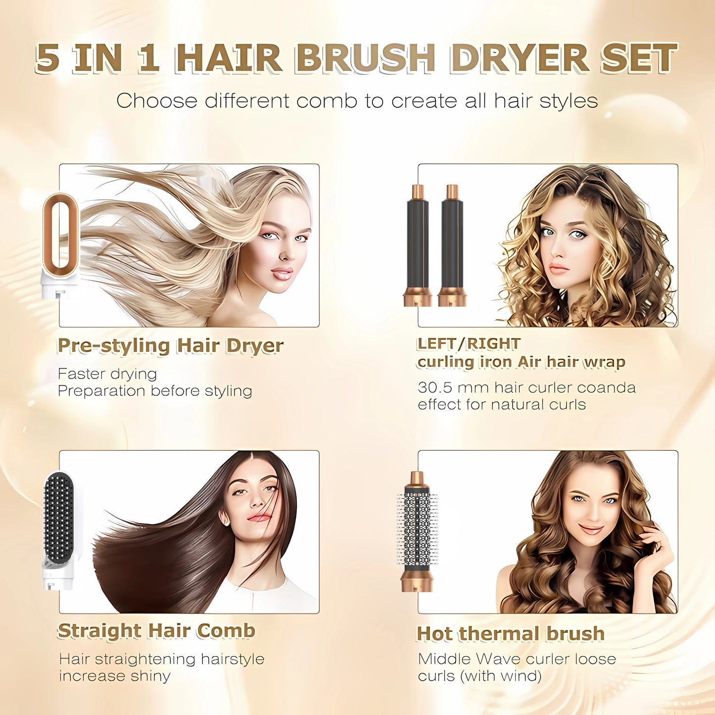 Professional Air Hair Styler 5 In 1 Low Noise Hair Curling Straightening Hair Drying 1000W Hot Air Brushes