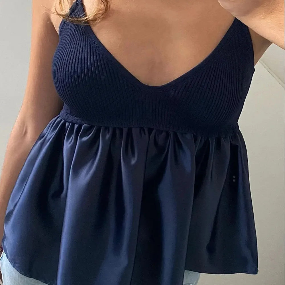 Blue Crop Top Women Ruffle Knitted Camis Top Woman Off Shoulder Corset Top Female Streetwear Backless Women's tube top