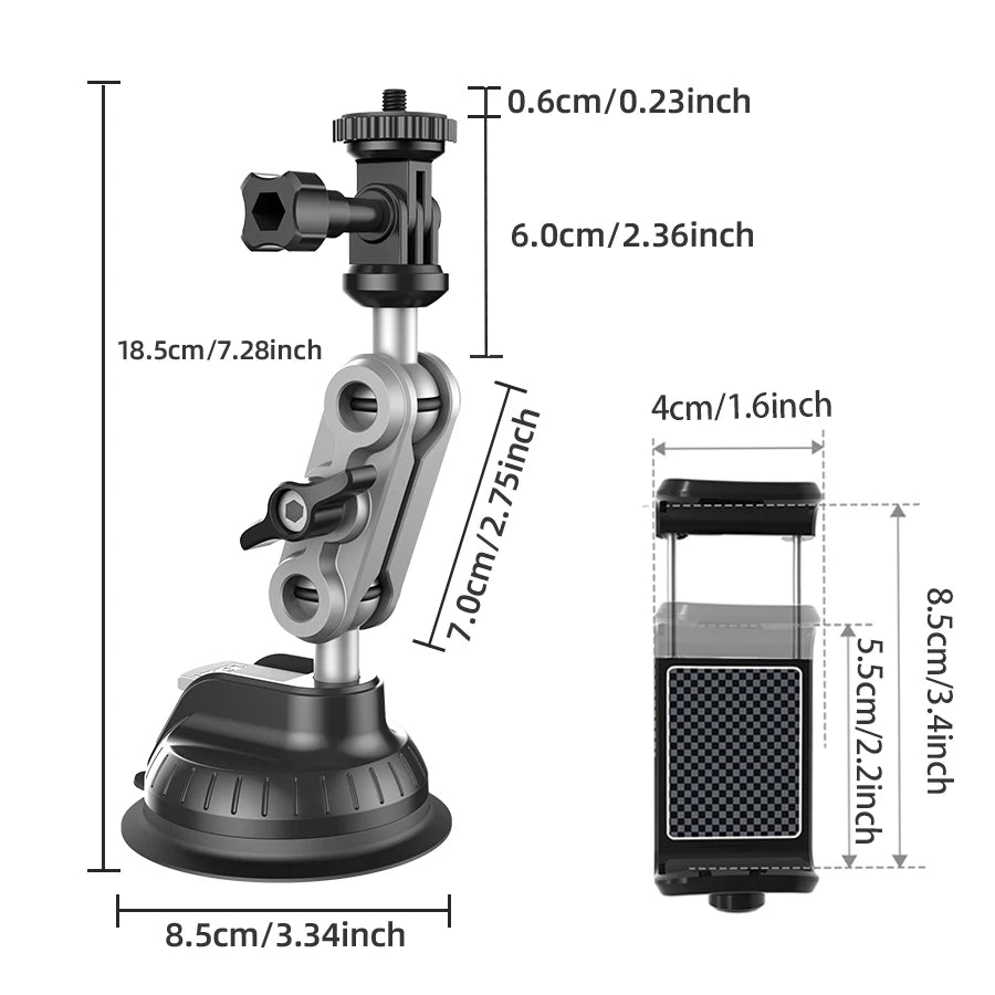 Dash Cam Suction Cup Mount Camera Holder Stand with Phone Bracket for GPS Driving DVR Action Camcorder Video Record POV/VLOG