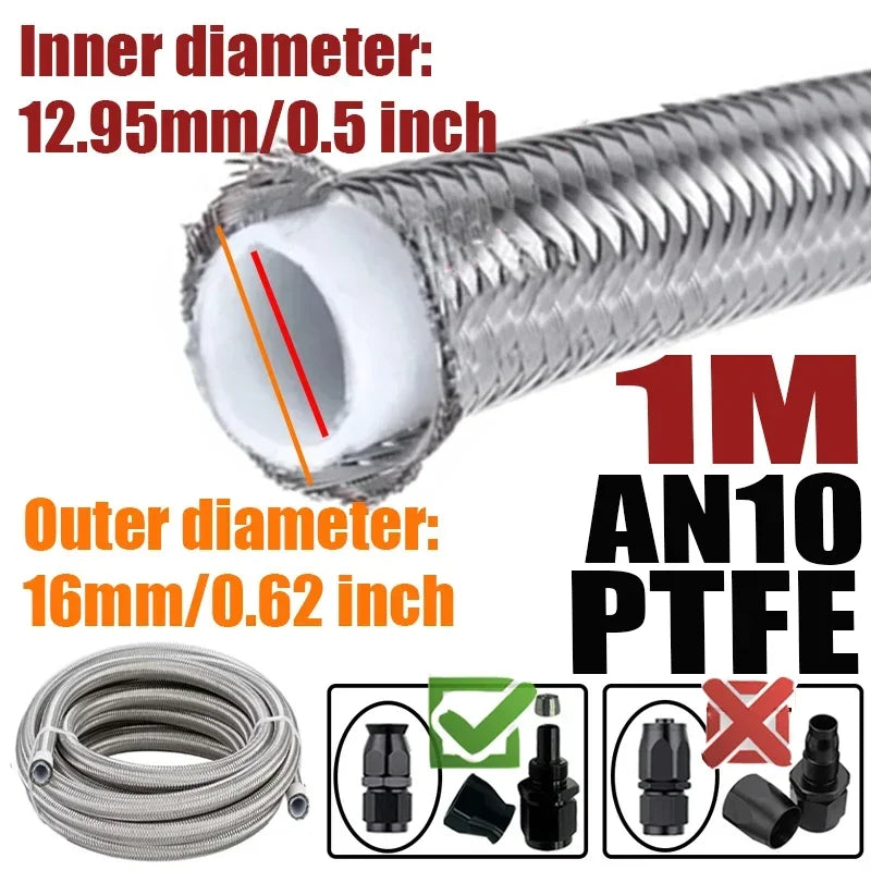 Engine Pipe Brake Tube 304 Stainless Steel Braided 1-6M(3.2-19.6FT) 3AN 4AN 6AN 8AN 10AN E85 PTFE Fuel Hose Oil Gas Cooler Line