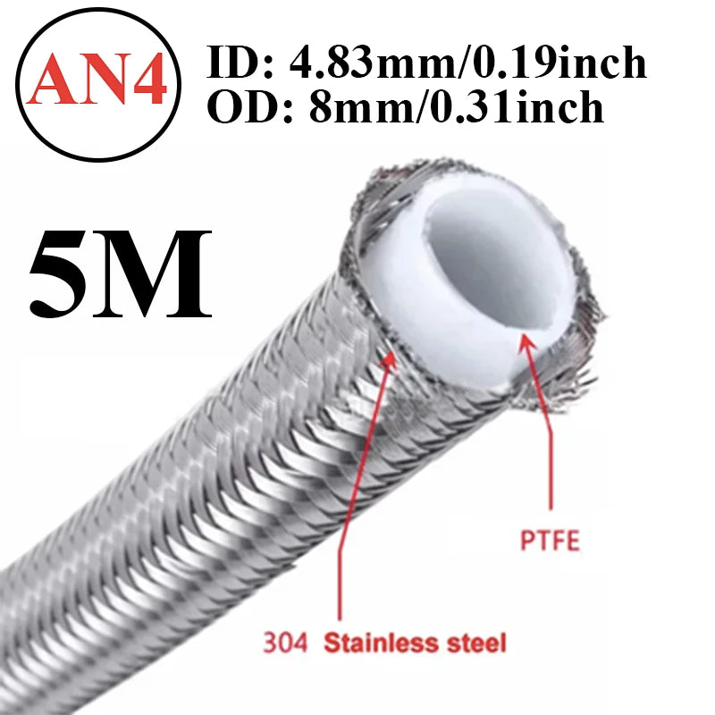 5 Meters AN3 AN4 AN6 AN8 AN10 AN12 Universal Racing Hose 304 Stainless Steel Braided PTFE Brake Hose Fuel Oil Line Cooler Pipe