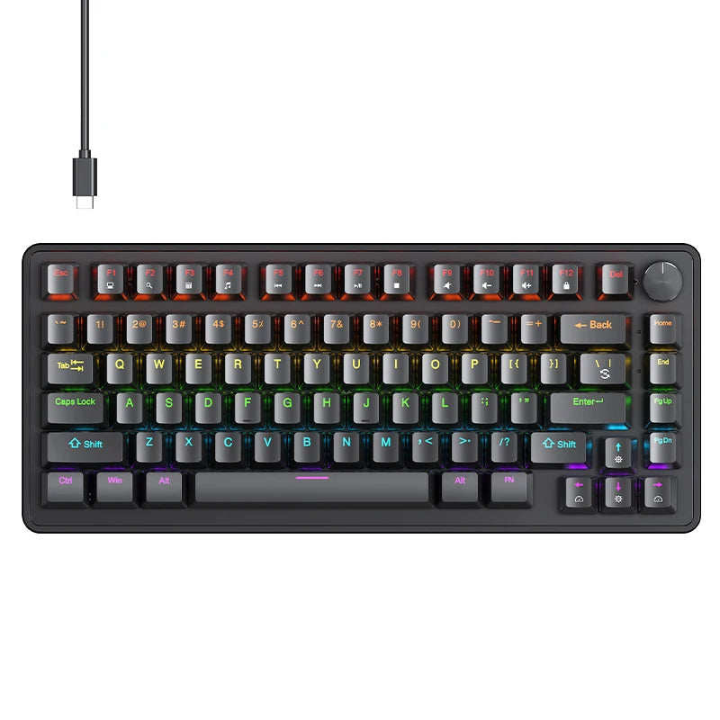 75% Mechanical Keyboard Wired with Media Knob, APAYADO Black Gaming Keyboard,Hot-Swap,ABS Cap Transparent Character Backlighting