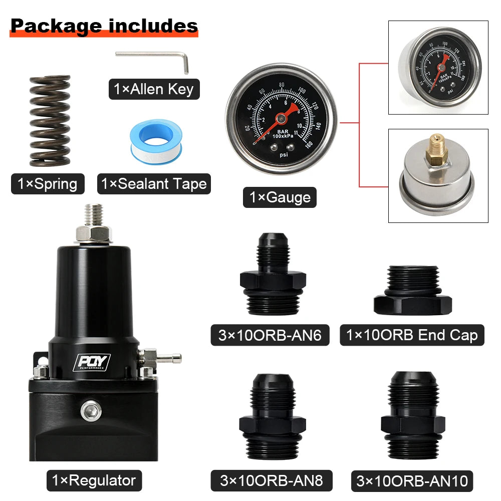 Fuel Pressure Regulator 30-140PSI Adjustable Pressure Range 10AN Feed Ports & 10AN Return Port With 0-160PSI Gauge Set