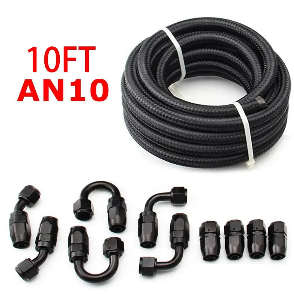 10FT AN6/AN8/AN10 Oil Fuel Fittings Hose End 0+45+90+180 Degree Oil Adaptor Kit Braided Oil Fuel Hose Line 3M Black With Clamps