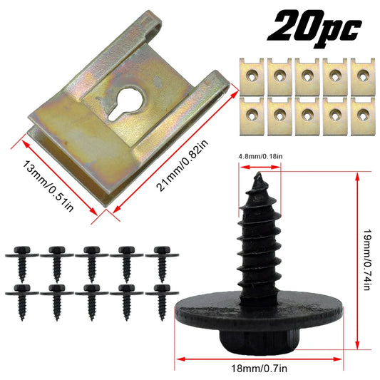 20pc Chassis Engine Guard Metal Nut/Screw Washers U-shape Clip Car Fender Bumper Screws For BMW Hex Speed Fastener ﻿