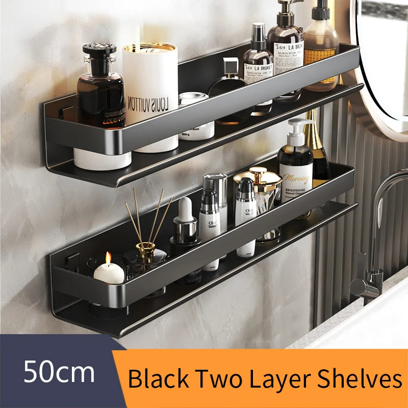 Black Bathroom Shelf White Rectangle Makeup Organizer Mental Corner Shelf Shampoo Storage Shelf Shower Wall Rack